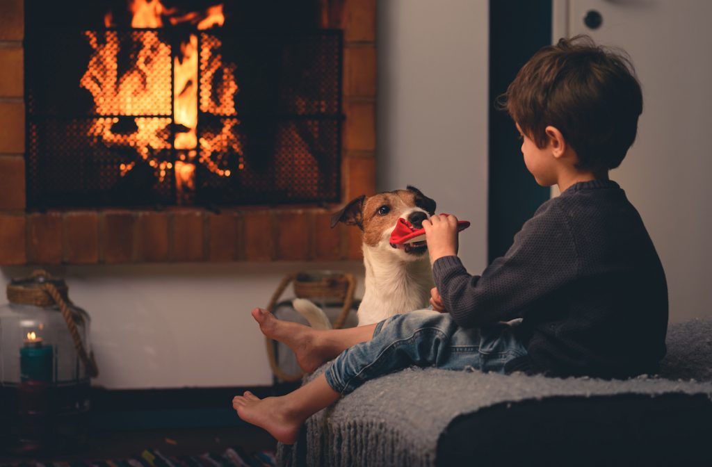Kid with Dog by Fireplace