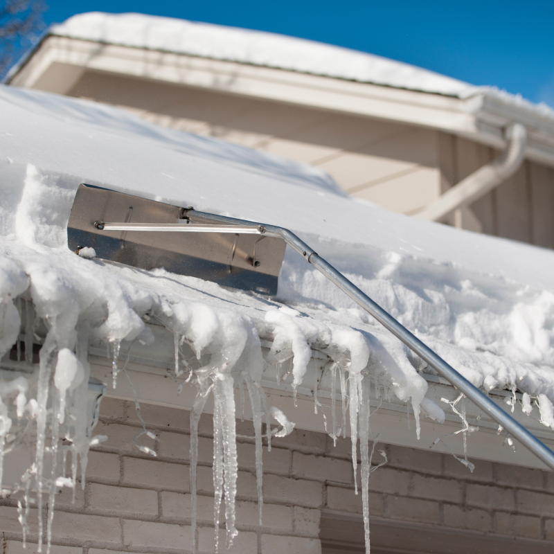 Clear Snow from the Roof: Regular snow removal helps reduce the amount of melting snow that could form an ice dam. Roof rakes designed for snow removal can help prevent damage.