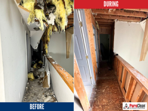 Before and during fire damage restoration of a hallway in a Waterford Township home, showing ceiling collapse, debris removal, and early structural cleanup by PuroClean technicians.