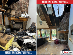 Before-and-after photo of fire damage cleanup in Waterford Township showing extensive roof and ceiling damage above a living room fireplace.
