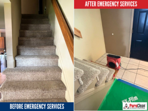 Before-and-after photos of flood damage recovery in a Waterford Township home, showing soaked stair carpet removed and drying equipment in place.