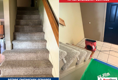 Before-and-after photos of flood damage recovery in a Waterford Township home, showing soaked stair carpet removed and drying equipment in place.