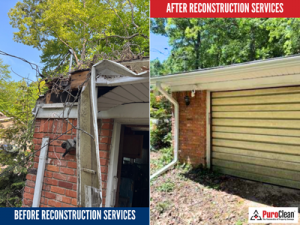 Before and after images of storm-damaged soffit and fascia repaired through reconstruction services by PuroClean of Waterford Township.