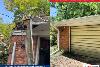 Before and after images of storm-damaged soffit and fascia repaired through reconstruction services by PuroClean of Waterford Township.