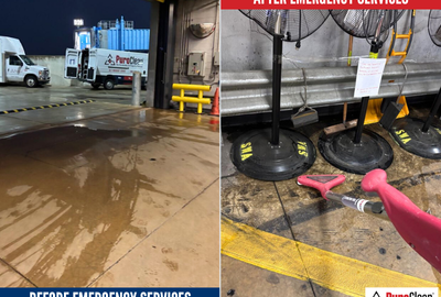 Before and after photos of commercial water damage restoration showing drying equipment in place to reduce business interruption and restore operations efficiently