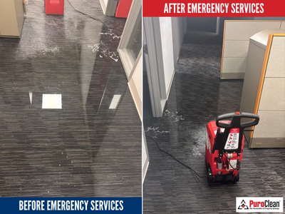 Commercial water damage restoration in Waterford Township, showing professional emergency services before and after cleanup to protect the property and prevent further damage.
