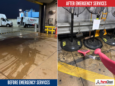 Before and after photos of commercial water damage restoration showing drying equipment in place to reduce business interruption and restore operations efficiently
