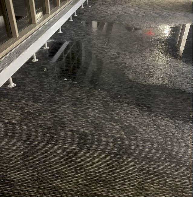 Office hallway carpet soaked with standing water after a pipe burst, showing extensive water damage along the glass wall and reflective pooling across the commercial flooring.
