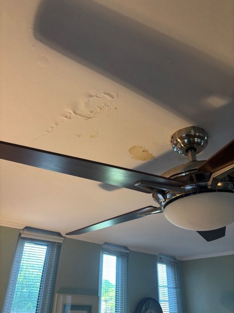 An angled, upward shot of a residential ceiling showing water damage next to a modern silver ceiling fan with dark wooden blades. A distinct, yellowish-brown water stain is visible on the flat white ceiling surface. Directly adjacent to the stain, a long section of the ceiling paint is severely bubbling, blistering, and peeling away, indicating a chronic underlying moisture leak. Three windows with closed blinds are visible in the background against light blue walls.