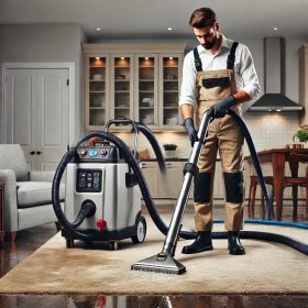 Technician Extracting Water from Carpet