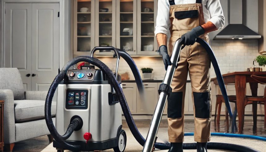 Technician Extracting Water from Carpet