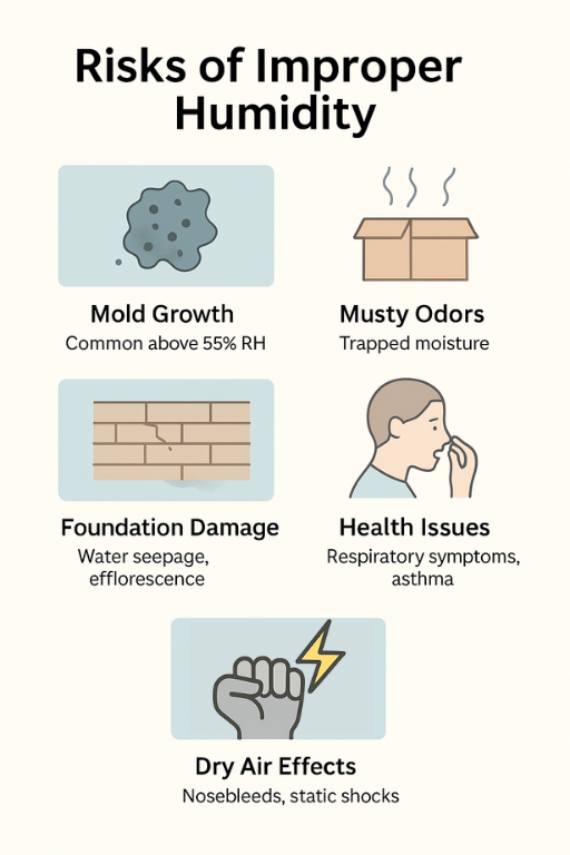 Infographic -Risks of Improper humidity: Mold growth, musty odors, foundation damage, health issues, dry air