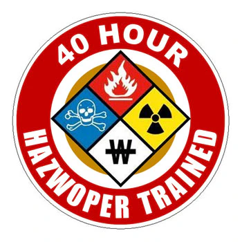 Circular '40 HOUR HAZWOPER TRAINED' sticker featuring four hazard symbols.