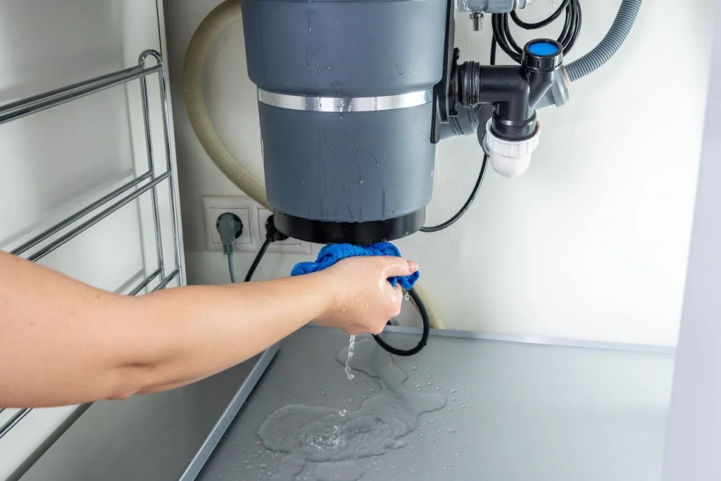 Hand wiping water leaking from a garbage disposal unit, forming a