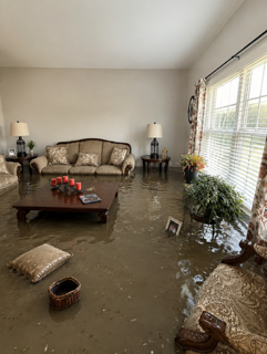 A living room is submerged in muddy floodwater, with furniture and decor partially underwater. TITLE