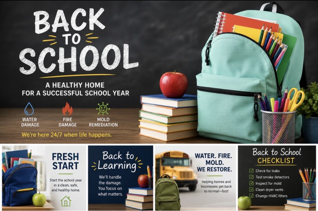 A back-to-school marketing collage featuring school supplies and promoting home damage remediation services.
