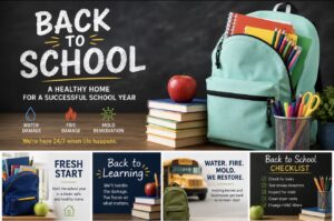 A back-to-school marketing collage featuring school supplies and promoting home damage remediation services.