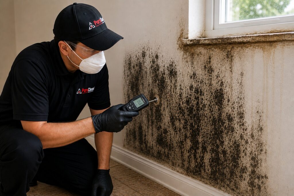 Current image: A mold remediation specialist inspects extensive black mold on a wall with a moisture meter. TITLE