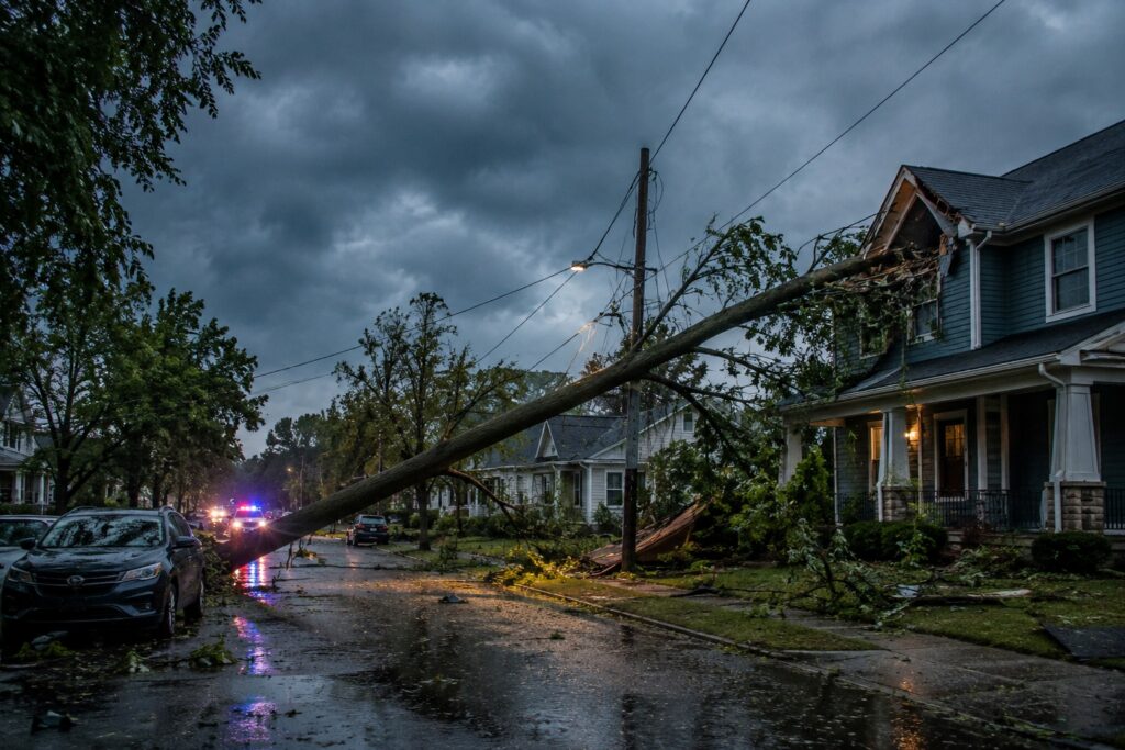 Current image: A large tree has fallen onto a house and across a wet street under a dark, stormy sky
