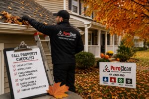 A PuroClean technician cleans autumn leaves from a house gutter during fall property maintenance.