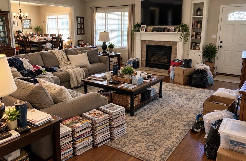 A cluttered living room and dining area with a sofa piled with clothes, magazines, and
