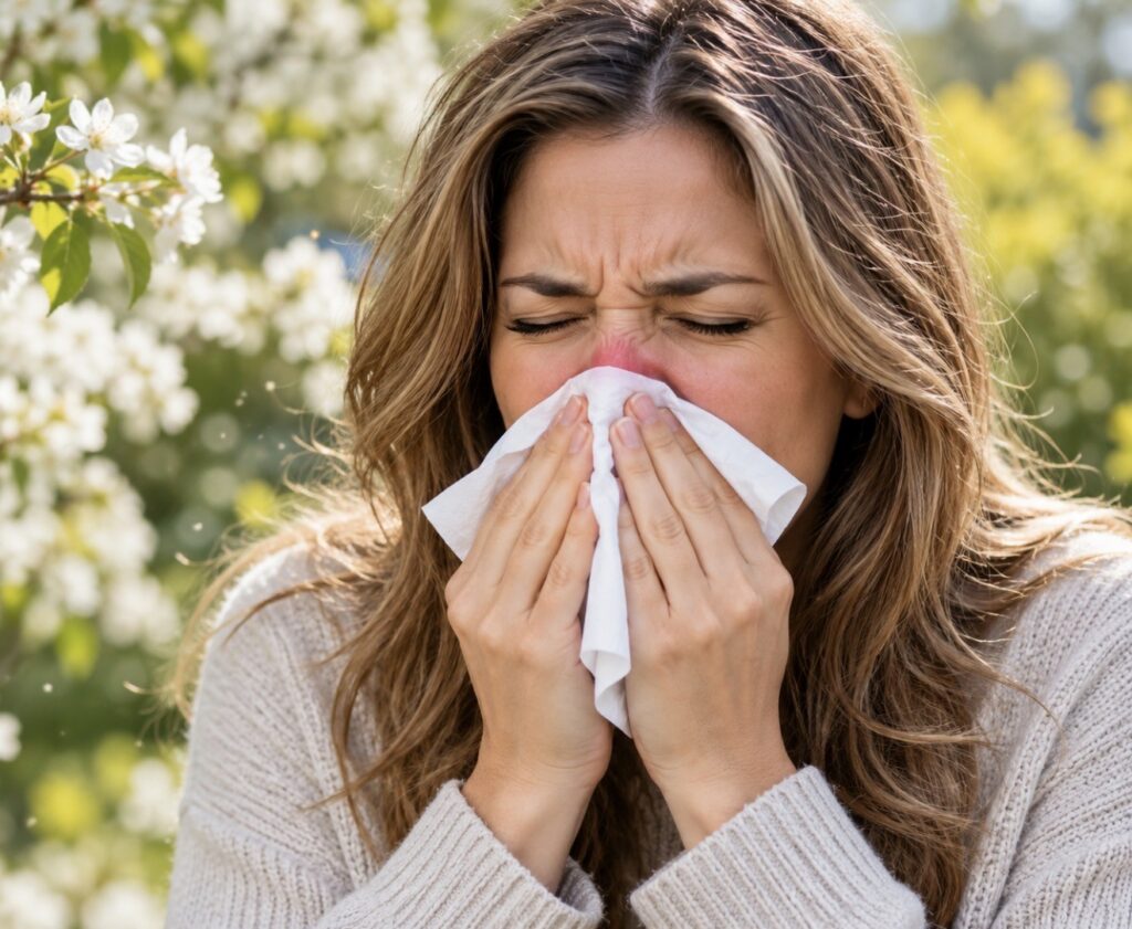 A woman with a red nose blows into a tissue, eyes closed in discomfort from spring allergies near