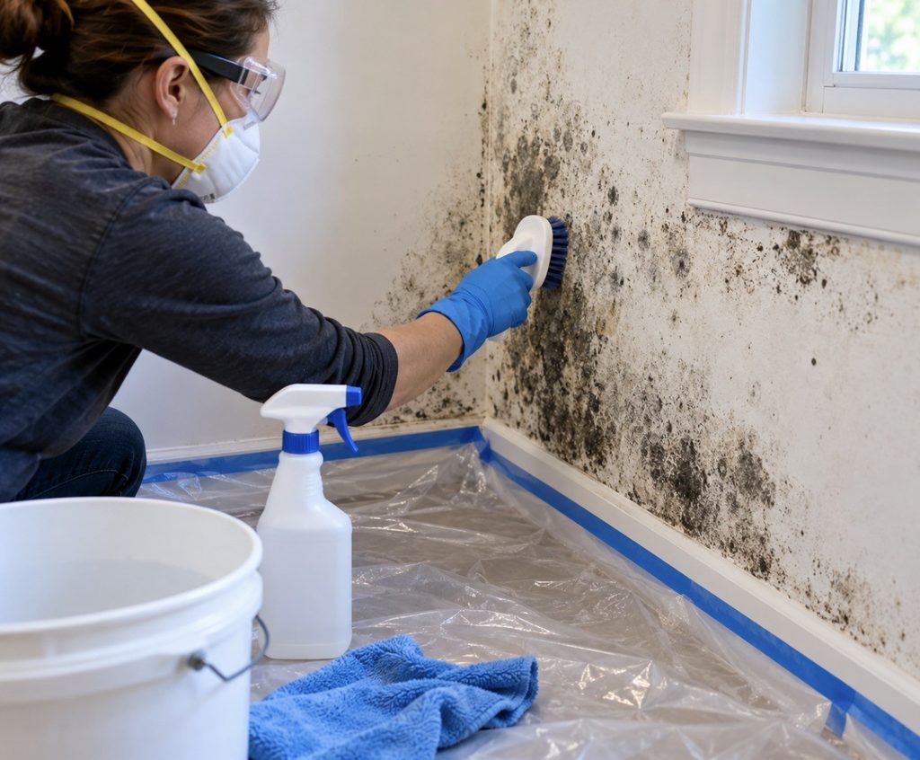 A person wearing a respirator and goggles cleans a wall covered in black mold. TITLE: