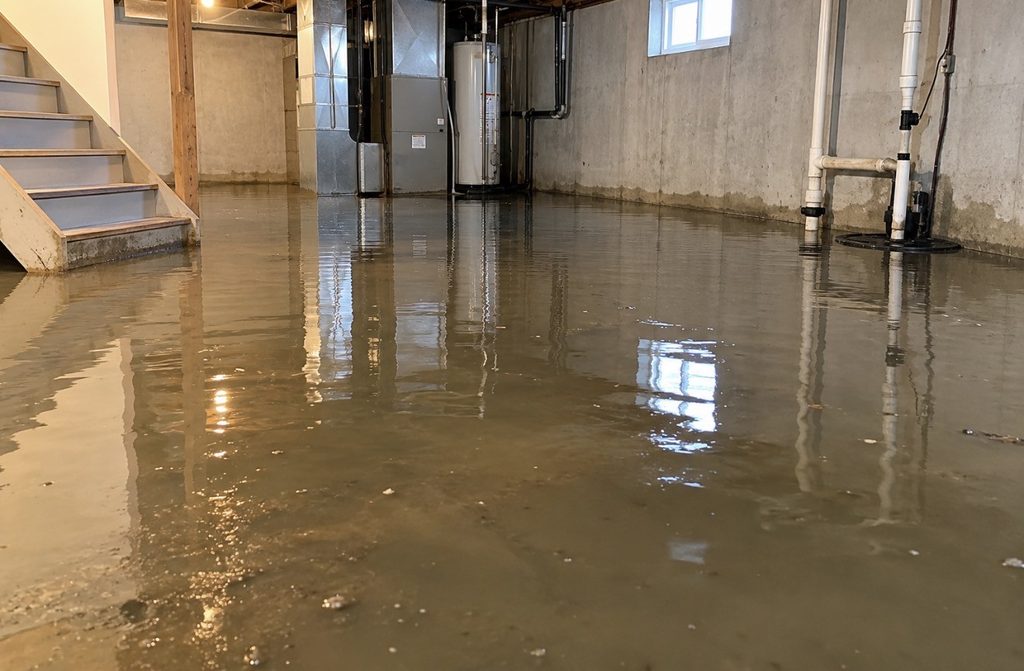A residential basement is completely flooded with murky water, reflecting a window, stairs,