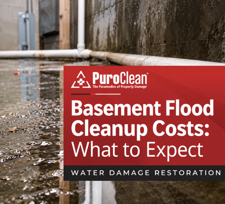 A flooded basement floor with standing water, pipes, and concrete walls, illustrating water damage.