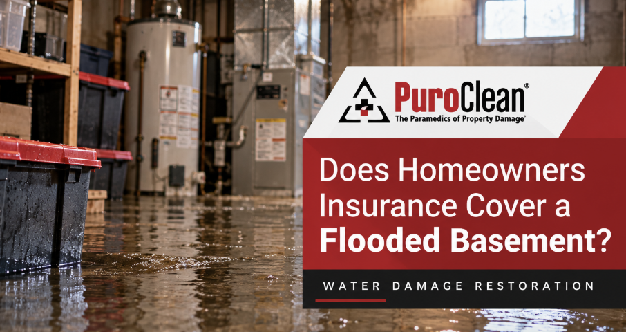 Standing water floods a basement floor, with storage containers and utility equipment partially submerged. TITLE
