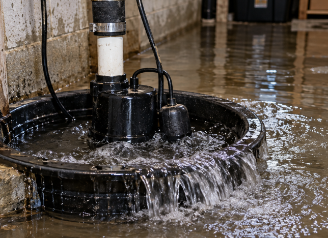 An active sump pump overflows while removing water from a flooded basement. TITLE: