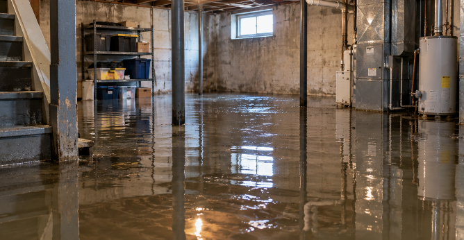 An unfinished basement is severely flooded with murky water, reflecting a window and submerging belongings and utilities