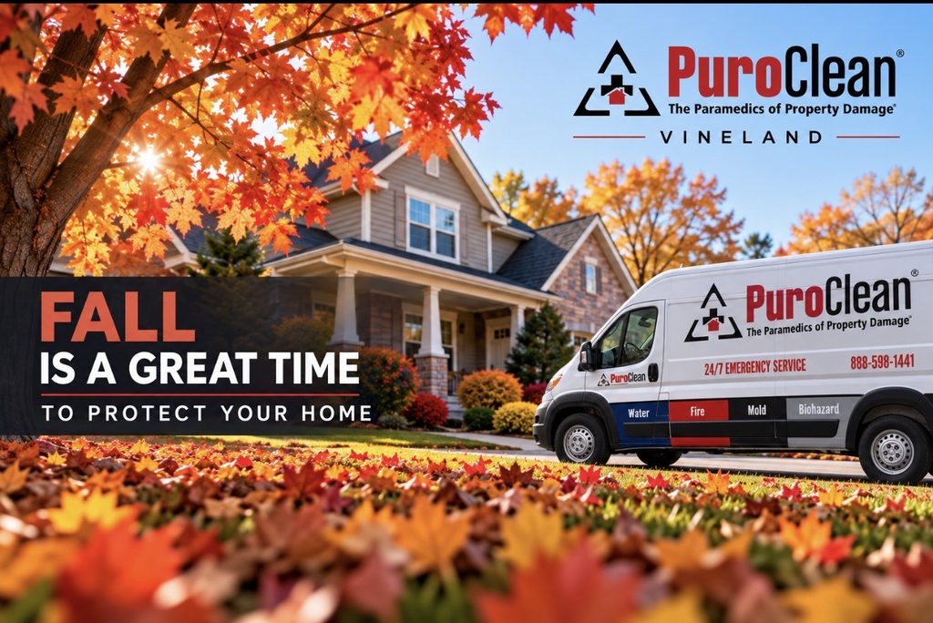 A PuroClean service van is parked at a house with vibrant autumn leaves, promoting home protection.