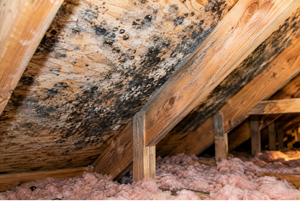 Extensive black mold growth covers wooden attic sheathing and rafters above pink insulation.