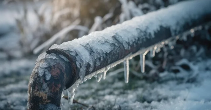 Frozen pipe covered in ice, highlighting the risk of burst pipes in cold weather.
