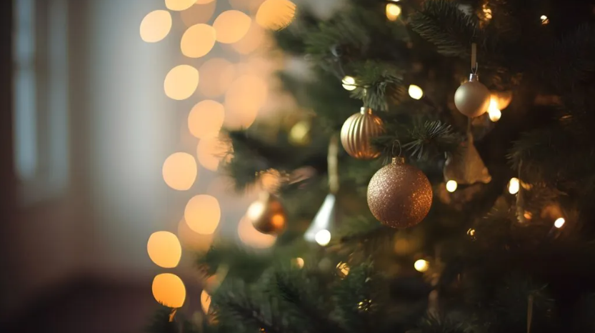 Decorated Christmas tree with golden ornaments and warm lights, creating a festive atmosphere.