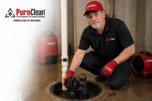 PuroClean technician inspecting a sump pump after a sump pump failure