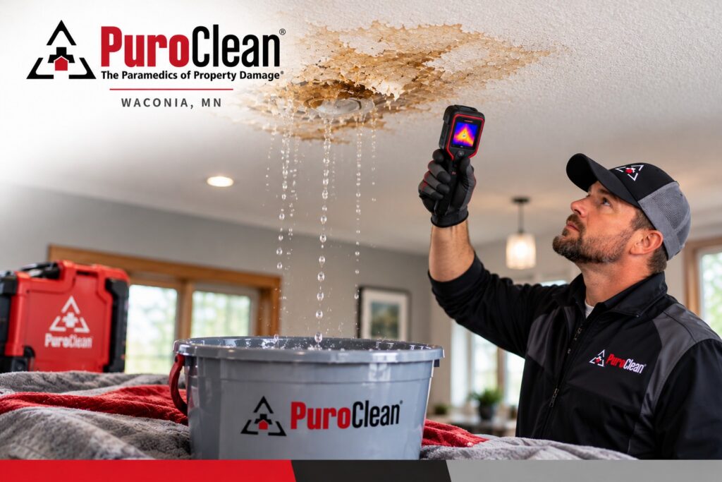 PuroClean technician inspecting ceiling leak water damage