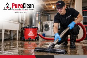 PuroClean technician performing sewage backup cleanup in a Minnesota basement