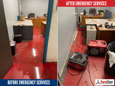Before and after photos of commercial water damage restoration showing drying equipment in place to reduce business interruption and restore operations efficiently