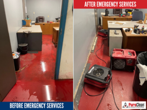 Commercial water damage restoration in Western Milwaukee, showing professional emergency services before and after cleanup to protect the property and prevent further damage.