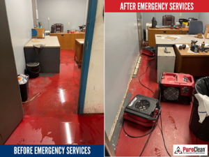 Before and after photos of commercial water damage restoration showing drying equipment in place to reduce business interruption and restore operations efficiently