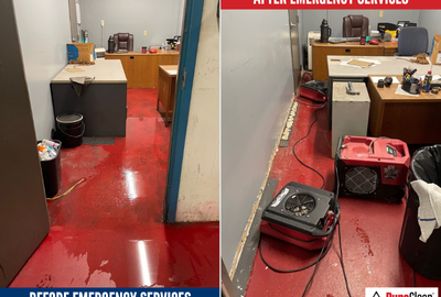 Before and after photos of commercial water damage restoration showing drying equipment in place to reduce business interruption and restore operations efficiently