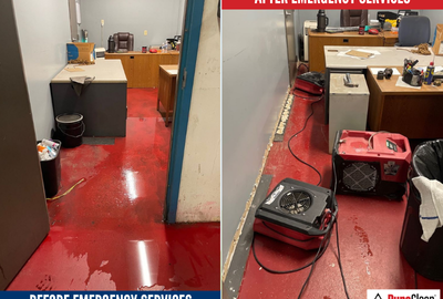 Commercial water damage restoration in Western Milwaukee, showing professional emergency services before and after cleanup to protect the property and prevent further damage.