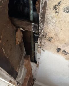 Cut-open drywall wall cavity exposing plumbing pipes and extensive water damage covered with dark clusters of black spots from mold growth.
