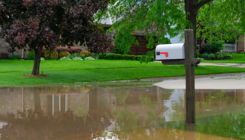 Mailbox surrounded by dirty floodwater on West Antelope Valley property