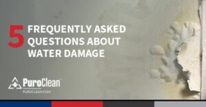 "5 Frequently Asked Questions About Water Damage" text over a photo of bubbling paint. PuroClean logo in the bottom left.