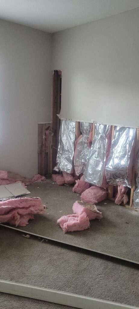 insulation being removed from walls during apartment restoration project.