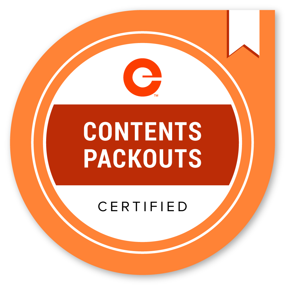 Orange and white certified badge displaying "Contents Packouts Certified" with an 'e' logo.