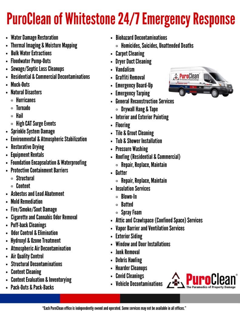 PuroClean of Whitestone offers 24/7 emergency property restoration, cleaning, and